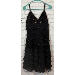 Neslay Paris Sequin‎ Party Dress Ruffle Tiered Sleeveless Black L